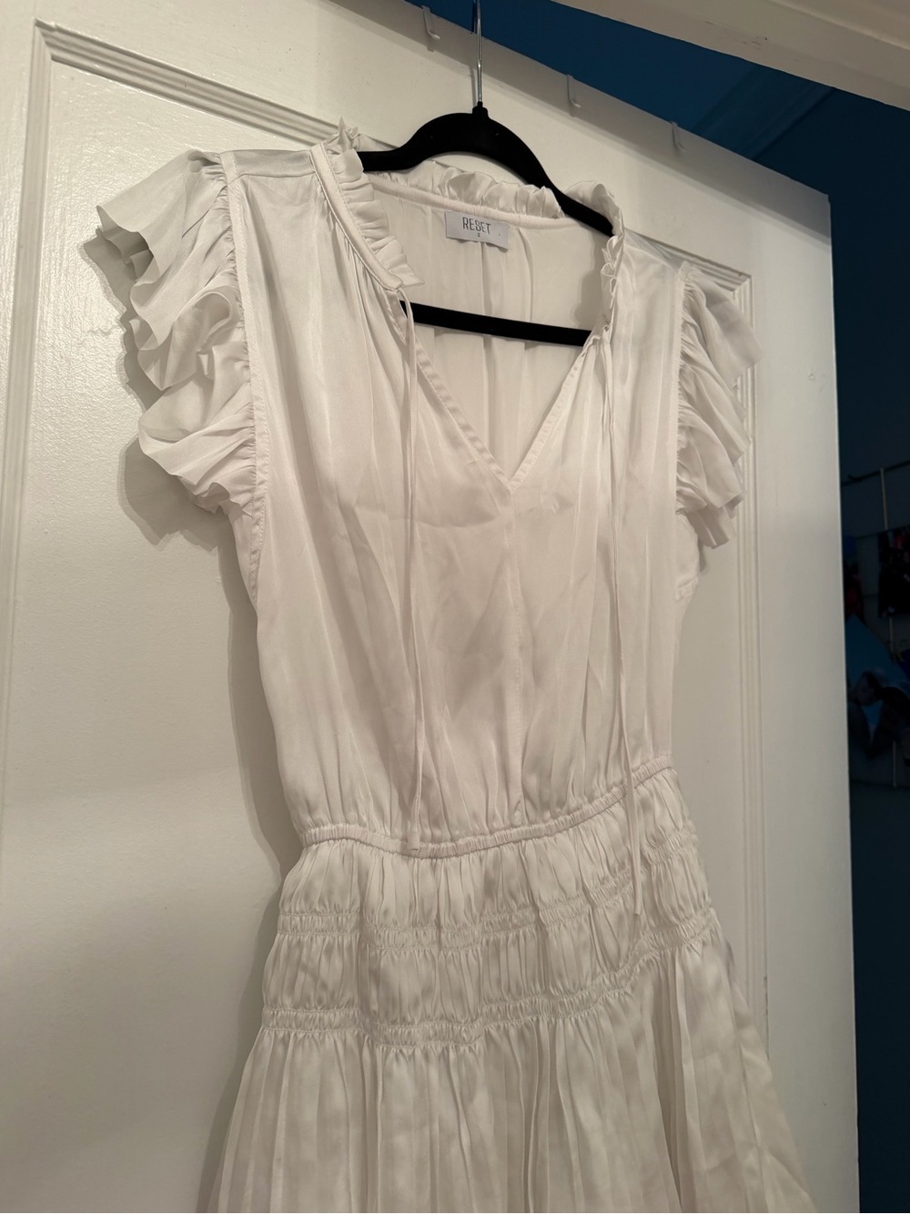 Reset White V-Neck Smocked Waist Tiered Mini Dress